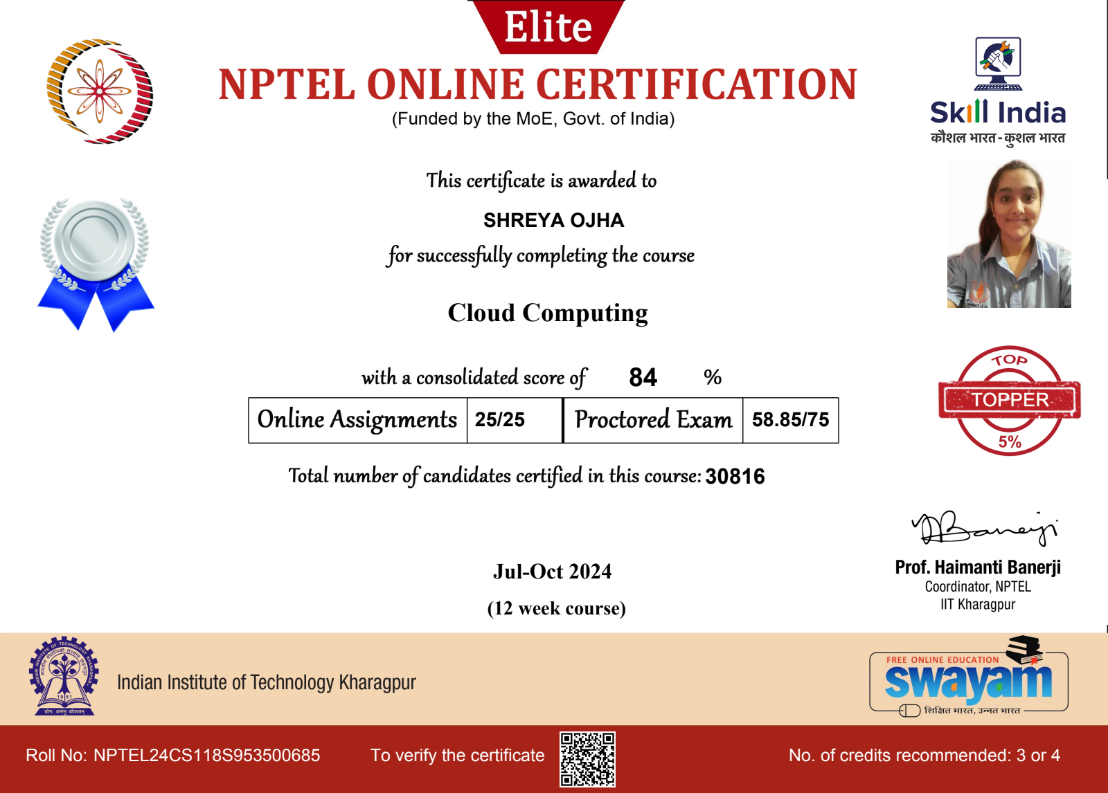 NPTEL Elite certificate: Cloud Computing, IIT Kharagpur, consolidated score 84%, Topper 5% badge, Jul–Oct 2024