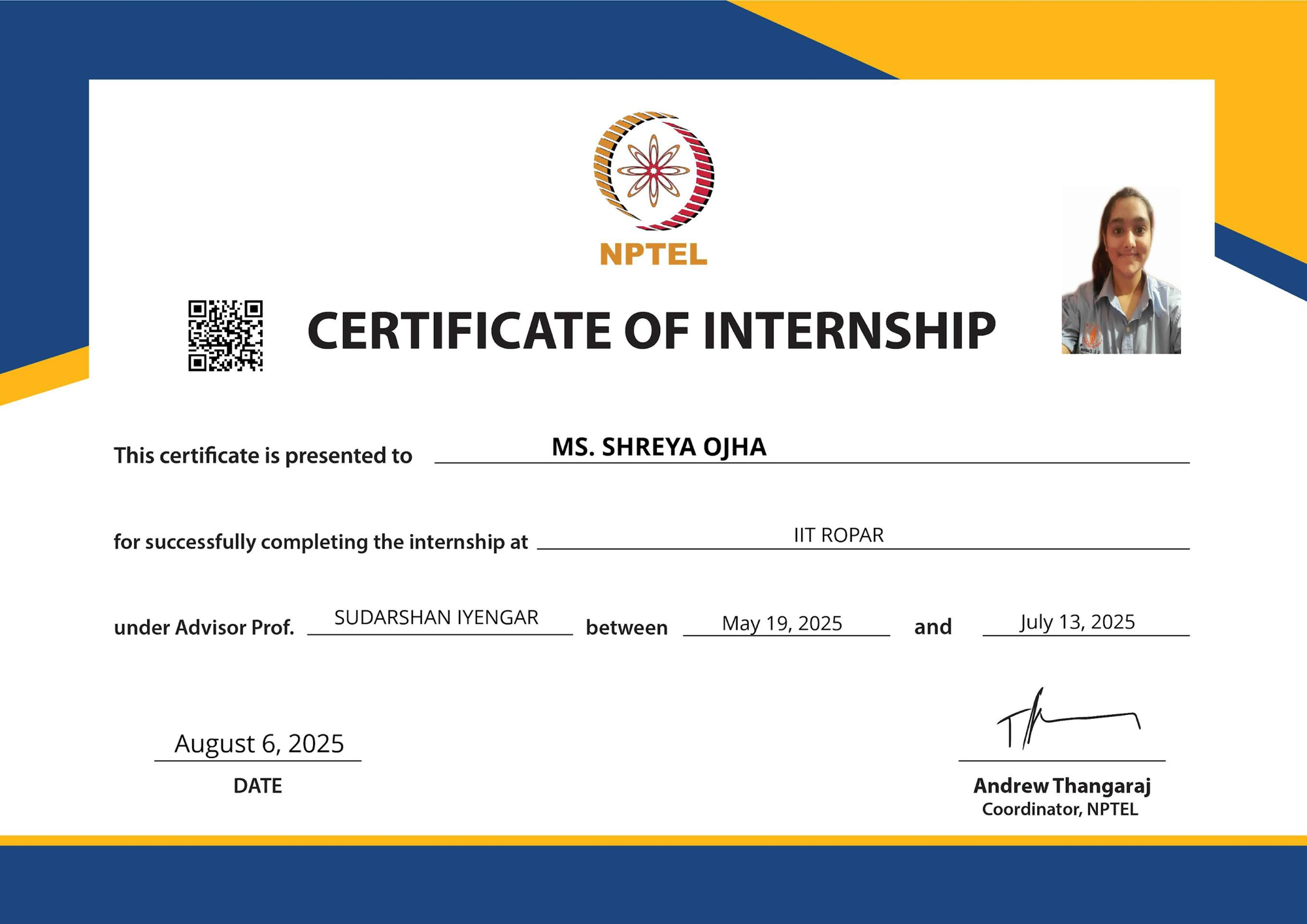 NPTEL Certificate of Internship presented to Ms. Shreya Ojha for completing the internship at IIT Ropar under Prof. Sudarshan Iyengar, May 19 – July 13, 2025