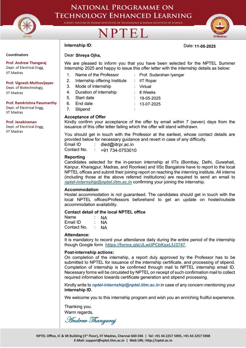 NPTEL Summer Internship 2025 offer letter for Shreya Ojha: 8-week virtual internship at IIT Ropar under Prof. Sudarshan Iyengar, May 19 to July 13, 2025